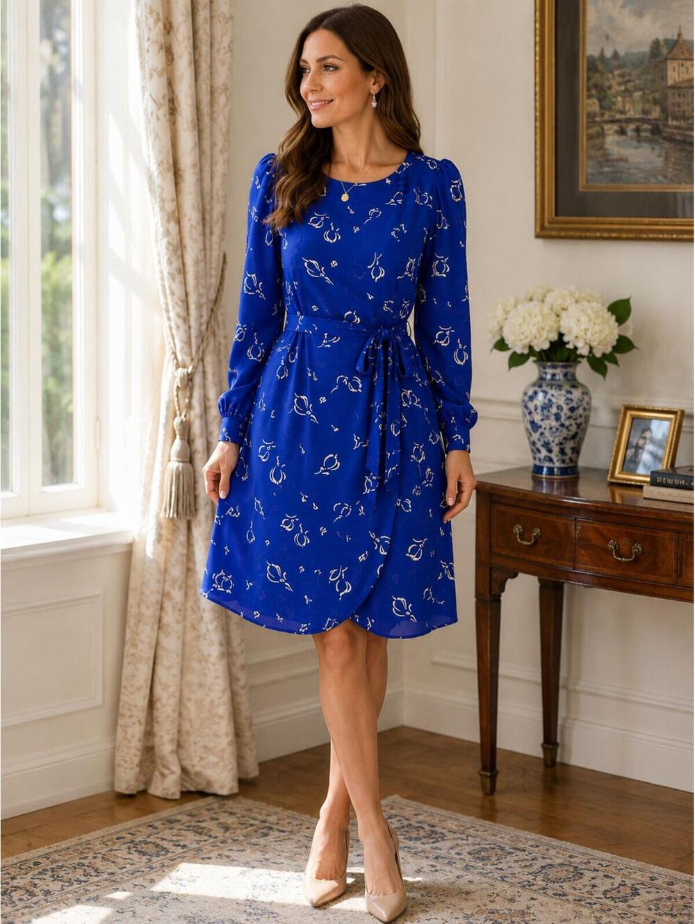 Jody California Blue Faux Wrap Tie Waist Dress Size 7/8